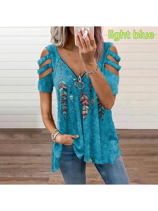 Women Tops T-Shirt Hollow-Out Shoulder Short Sleeve Casual Blouse Shirts explosive Feather Print V-Neck Zipper Shirt #8962021