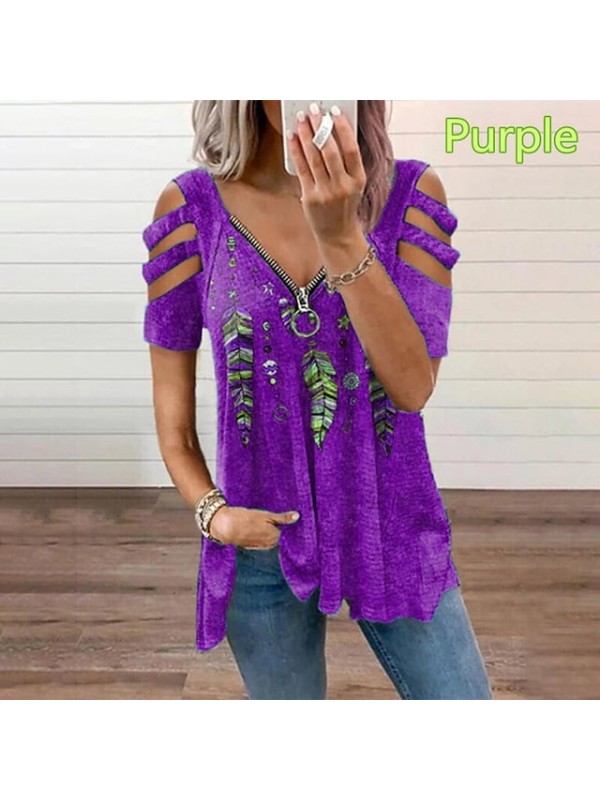 Women Tops T-Shirt Hollow-Out Shoulder Short Sleeve Casual Blouse Shirts explosive Feather Print V-Neck Zipper Shirt #8962021