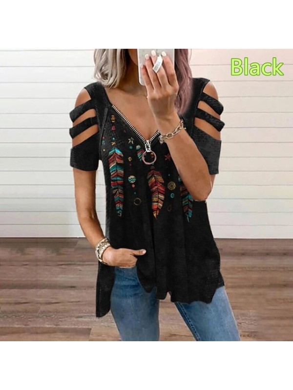 Women Tops T-Shirt Hollow-Out Shoulder Short Sleeve Casual Blouse Shirts explosive Feather Print V-Neck Zipper Shirt #8962021