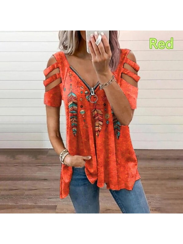 Women Tops T-Shirt Hollow-Out Shoulder Short Sleeve Casual Blouse Shirts explosive Feather Print V-Neck Zipper Shirt #8962021