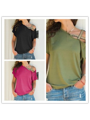 spring  summer hot models    casual oblique shoulder cross irregular short-sleeved t-shirt Women's clothing #8962340