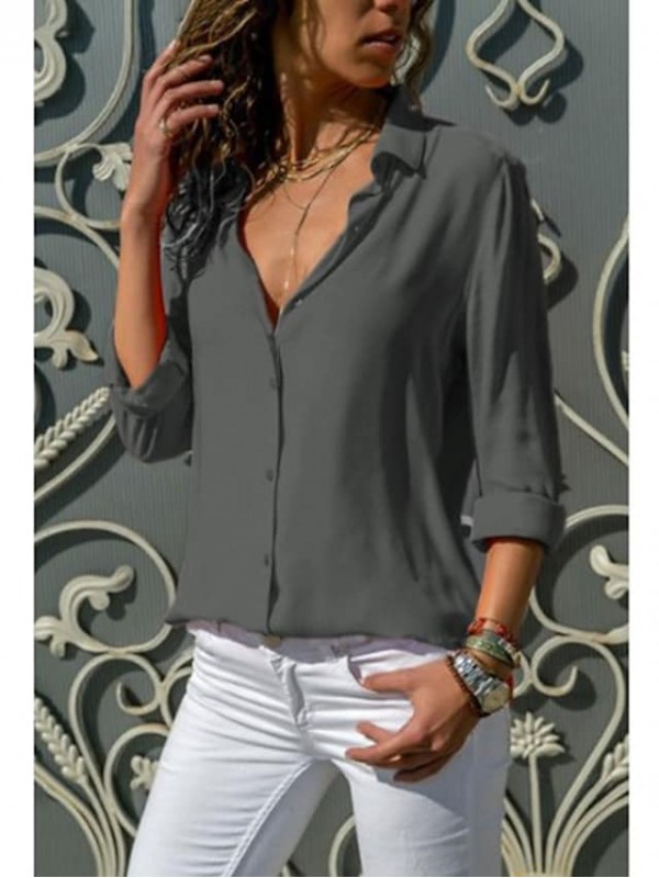 Women's Blouse Shirt Plain Shirt Collar Business Basic Elegant Tops Blue Yellow Gray #8679309