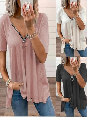 Women's T shirt Plain Short Sleeve V Neck Basic Tops White Gray Pink / Wash with similar colours / Micro-elastic #8599997