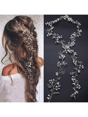 Bridal Rose Gold and Gold Silver Extra Long Pearl and Crystal Beads Bridal Hair Vine Wedding Head Piece Bridal Hair Accessories Headband Hair Jewelry Hair Accessories #8402040