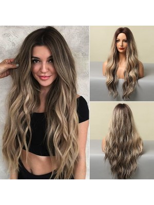 Ombre Blonde Long Wavy Wig for Women Middle Part Wavy Wigs Synthetic Heat Resistant Party Wigs Natural Looking (Ombre Blonde Mix Bleach Blonde) #8697131