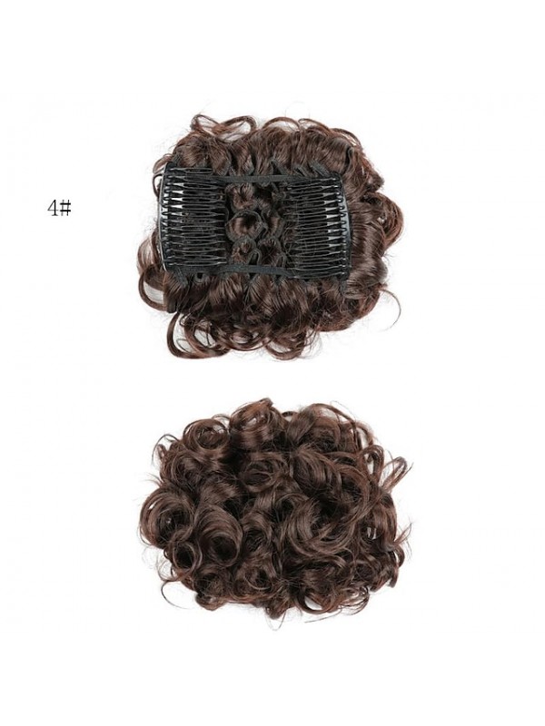 Short Messy Curly Dish Hair Bun Extension Easy Stretch Hair Combs Clip In Chignon Tray Ponytail Hairpieces - Dark Brown To Light Auburn #8432371