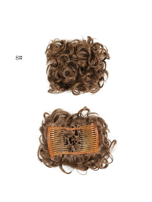 Short Messy Curly Dish Hair Bun Extension Easy Stretch Hair Combs Clip In Chignon Tray Ponytail Hairpieces - Dark Brown To Light Auburn #8432371