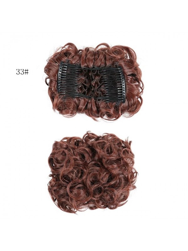 Short Messy Curly Dish Hair Bun Extension Easy Stretch Hair Combs Clip In Chignon Tray Ponytail Hairpieces - Dark Brown To Light Auburn #8432371