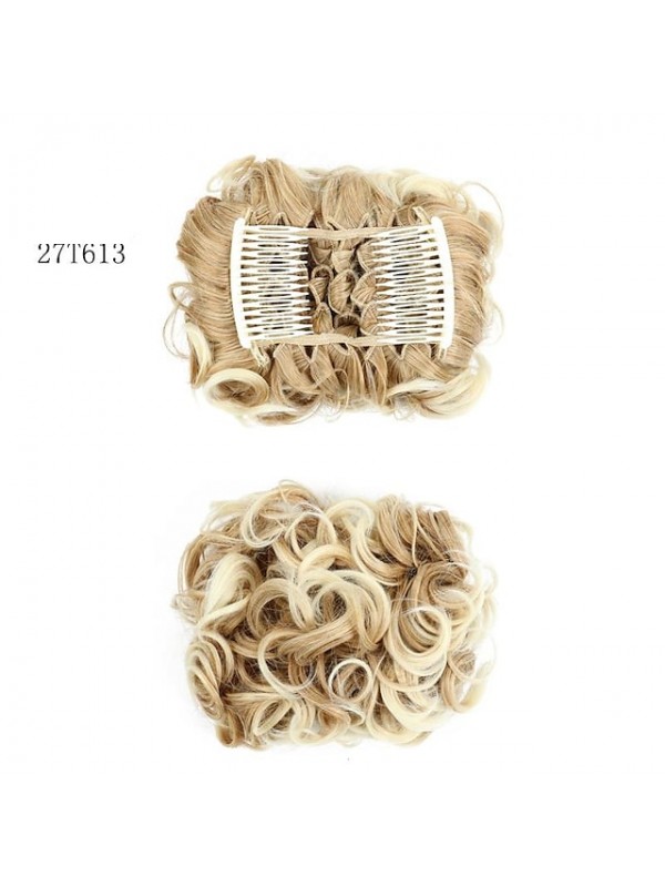 Short Messy Curly Dish Hair Bun Extension Easy Stretch Hair Combs Clip In Chignon Tray Ponytail Hairpieces - Dark Brown To Light Auburn #8432371