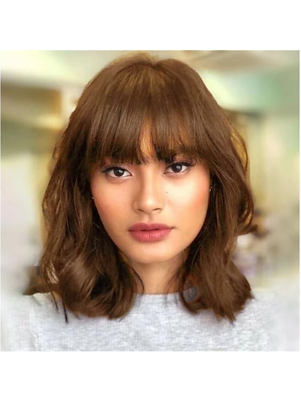 Human Hair 13x4 Lace Front Wig Bob Free Part With Bangs Brazilian Hair Straight Brown Wig 130% 150% 180% Density with Baby Hair Natural Hairline African American Wig 100% Hand Tied Bleached Knots For #4913880