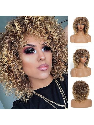 Afro Curly Wigs Ombre Blonde Wig with Bangs for Women Curly Wig for Black Women Goodly Kinky Curly Wig Synthetic Heat Resistant Full Wigs #8752501