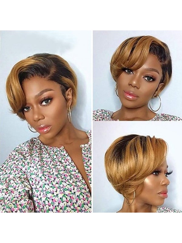 Short Pixie Cut Wig Human Hair Wigs Straight Bob Wigs With Bangs Full Machine Human Hair Wig for Black Women Black & Ombre #8965378