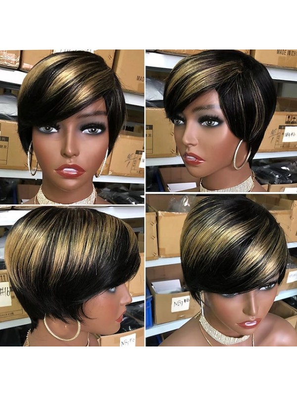 Short Pixie Cut Wig Human Hair Wigs Straight Bob Wigs With Bangs Full Machine Human Hair Wig for Black Women Black & Ombre #8965378