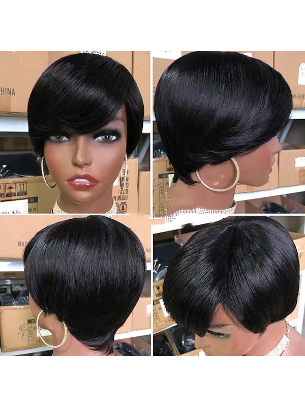 Short Pixie Cut Wig Human Hair Wigs Straight Bob Wigs With Bangs Full Machine Human Hair Wig for Black Women Black & Ombre #8965378