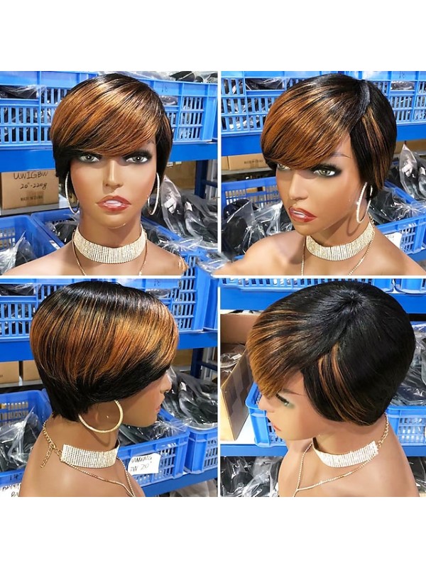 Short Pixie Cut Wig Human Hair Wigs Straight Bob Wigs With Bangs Full Machine Human Hair Wig for Black Women Black & Ombre #8965378