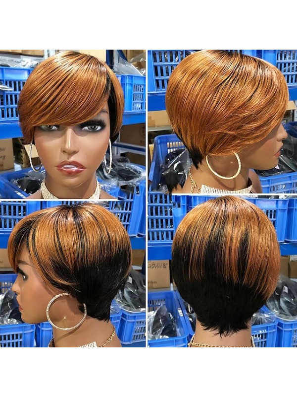 Short Pixie Cut Wig Human Hair Wigs Straight Bob Wigs With Bangs Full Machine Human Hair Wig for Black Women Black & Ombre #8965378