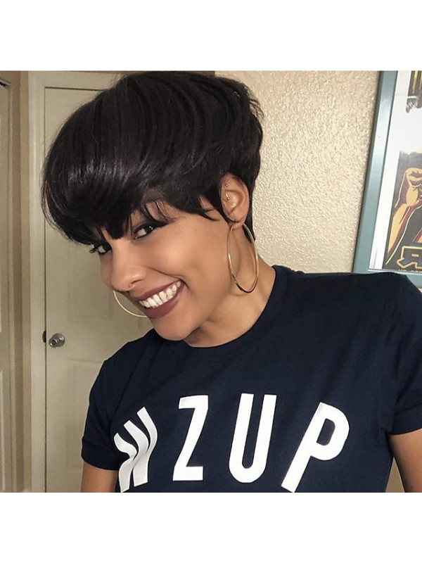 Pixie Cut Human Hair Wig with Bangs Short Human Hair Wigs for Black Women Non Lace Front Wig Full Machine Wigs 150% Density Brazilian Capless Wigs Pixie Cut Human Hair #8982958