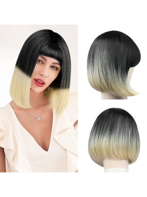 Black Wig With Bangs Bob Wig with Bangs 14 Inch Soft Colored Wigs for Women Short Synthetic Cosplay Wig for Girls Daily Use Natural Black to Blonde Wig #9034678