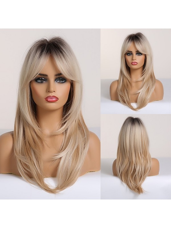 Blonde Wigs for Women Brown Wig for Women Synthetic Wig With Bangs Layered Haircut Wig Medium Length Synthetic Hair Ombre Natural Looking Wigs #8542870