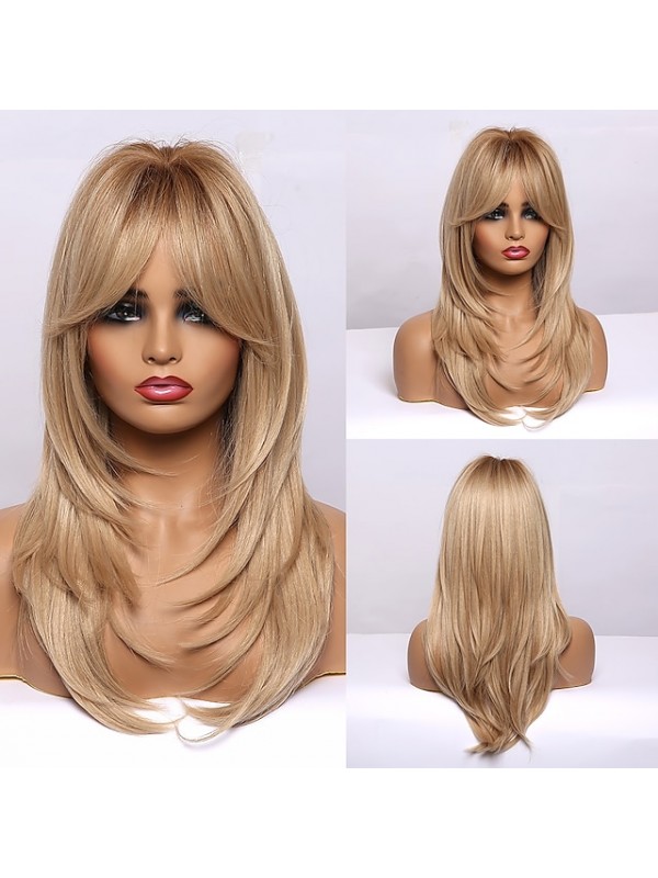 Blonde Wigs for Women Brown Wig for Women Synthetic Wig With Bangs Layered Haircut Wig Medium Length Synthetic Hair Ombre Natural Looking Wigs #8542870