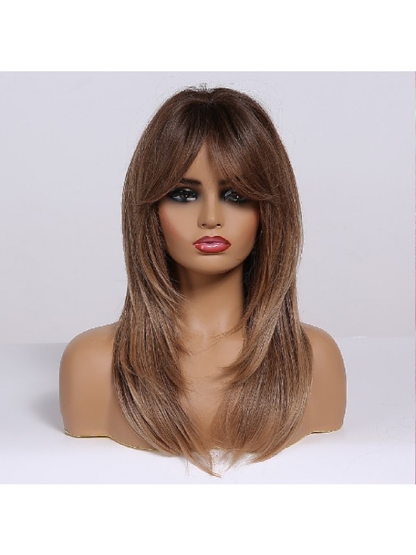 Blonde Wigs for Women Brown Wig for Women Synthetic Wig With Bangs Layered Haircut Wig Medium Length Synthetic Hair Ombre Natural Looking Wigs #8542870