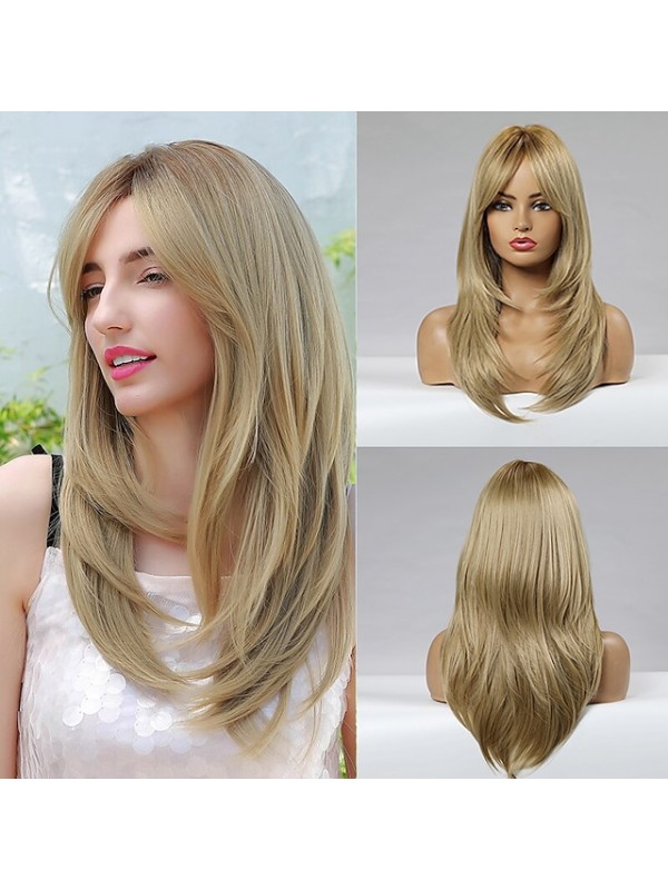 Blonde Wigs for Women Brown Wig for Women Synthetic Wig With Bangs Layered Haircut Wig Medium Length Synthetic Hair Ombre Natural Looking Wigs #8542870