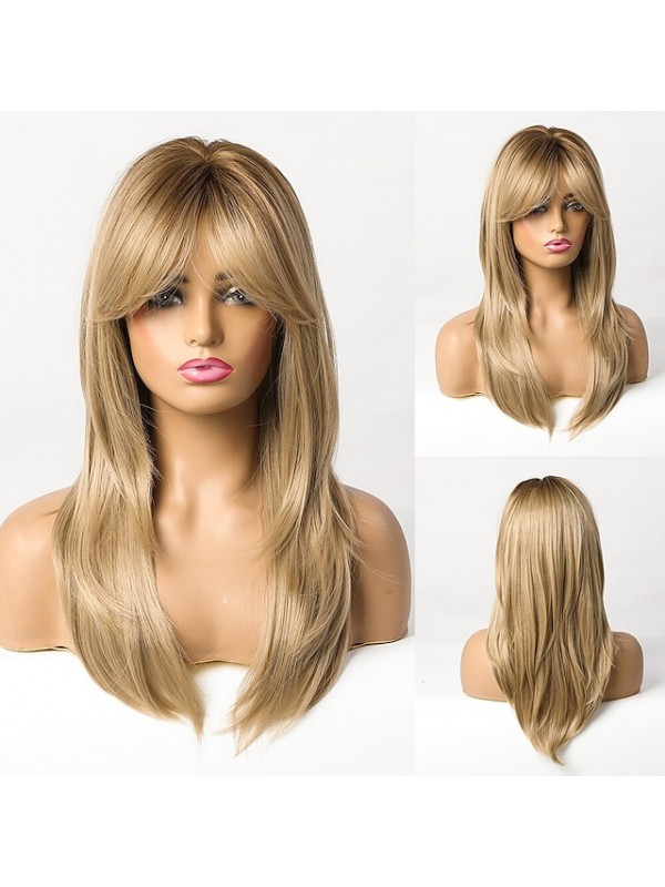 Blonde Wigs for Women Brown Wig for Women Synthetic Wig With Bangs Layered Haircut Wig Medium Length Synthetic Hair Ombre Natural Looking Wigs #8542870