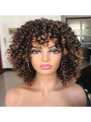 Brown Wigs For Women Short Curly Wig For Black Women with Bangs Big Bouncy Fluffy Wig 2Tone Ombre Darkest Brown Short Curly Afro Wig #8396803