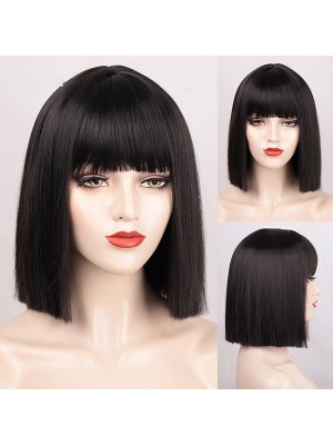 Black Wigs for Women Blunt Cut Bob Short Straight Black Wig with Bangs Synthetic Bob Wigs for Women Pink Red Purple Brown Cosplay Hair for Party Daily #8526285