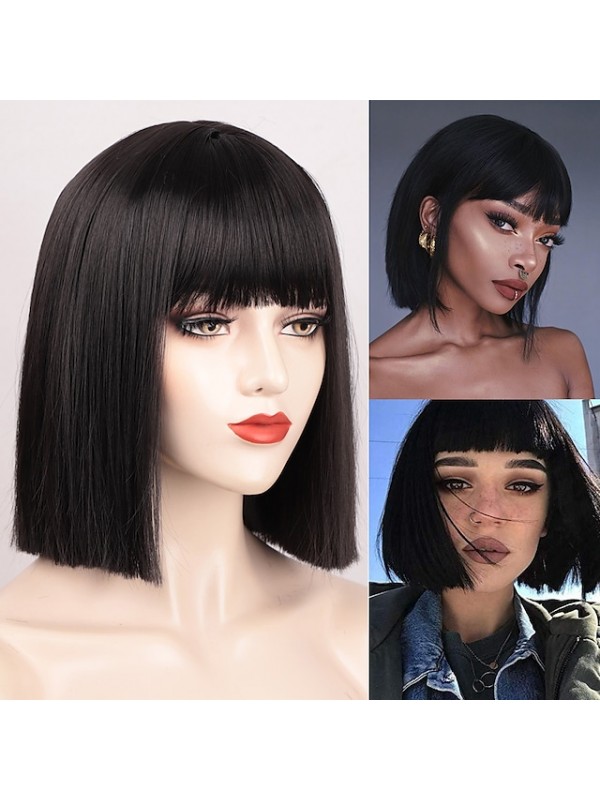 Black Wigs for Women Blunt Cut Bob Short Straight Black Wig with Bangs Synthetic Bob Wigs for Women Pink Red Purple Brown Cosplay Hair for Party Daily #8526285