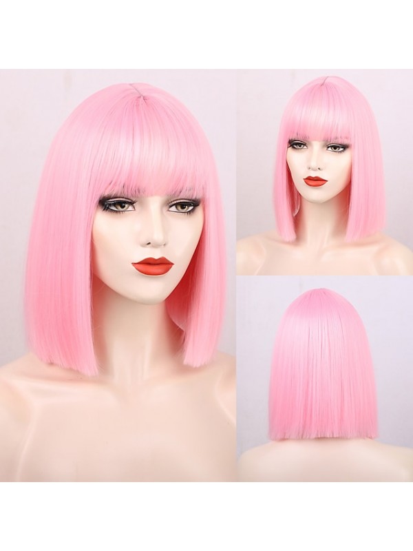 Black Wigs for Women Blunt Cut Bob Short Straight Black Wig with Bangs Synthetic Bob Wigs for Women Pink Red Purple Brown Cosplay Hair for Party Daily #8526285