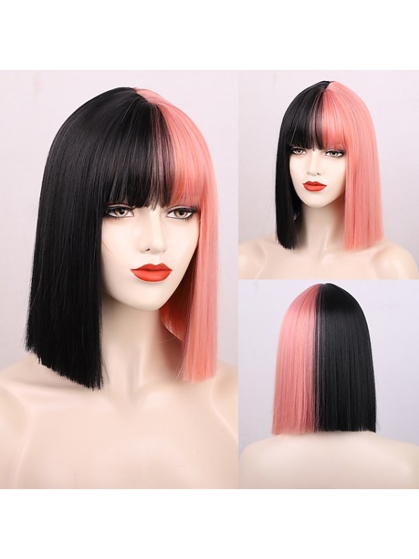 Black Wigs for Women Blunt Cut Bob Short Straight Black Wig with Bangs Synthetic Bob Wigs for Women Pink Red Purple Brown Cosplay Hair for Party Daily #8526285