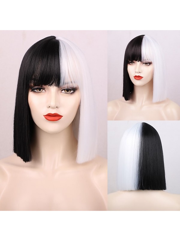 Black Wigs for Women Blunt Cut Bob Short Straight Black Wig with Bangs Synthetic Bob Wigs for Women Pink Red Purple Brown Cosplay Hair for Party Daily #8526285