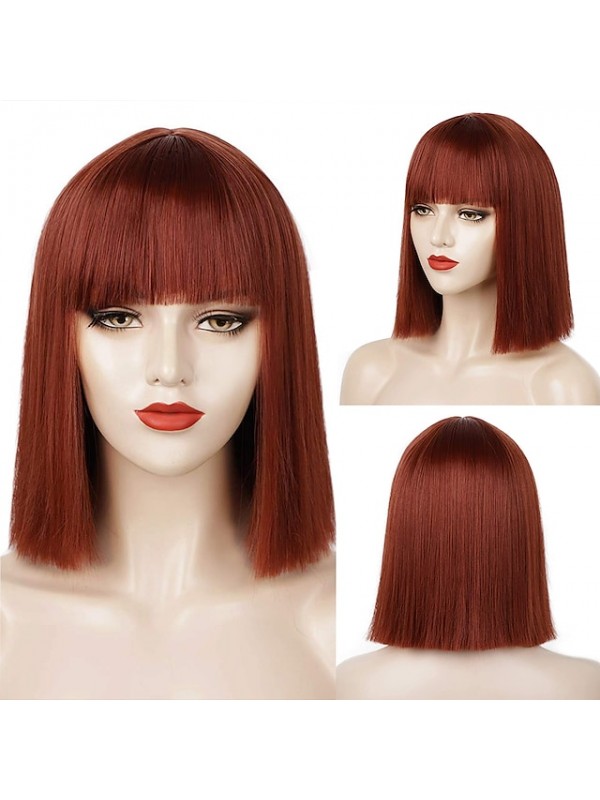 Black Wigs for Women Blunt Cut Bob Short Straight Black Wig with Bangs Synthetic Bob Wigs for Women Pink Red Purple Brown Cosplay Hair for Party Daily #8526285