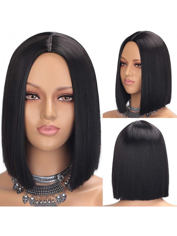 Black Wigs for Women Blunt Cut Bob Short Straight Black Wig with Bangs Synthetic Bob Wigs for Women Pink Red Purple Brown Cosplay Hair for Party Daily #8526285