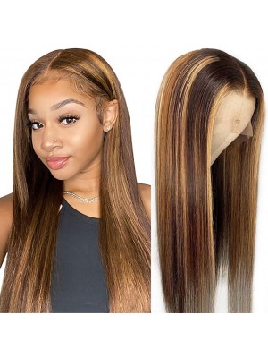 4x4 Highlight Lace Front Wigs Human Hair Pre Plucked Natural Hairline with Baby Hair Piano Color P4/27 180% Density Brazilian Straight Human Hair Wigs for Black Women 14-26 Inch #9019252