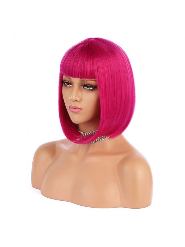 Pink Wigs for Women Synthetic Wig Straight Bob with Bangs Wig Pink Short T-Rose Silver Grey White Blue Purple Synthetic Hair 12 Inch Women's Pink #1555798