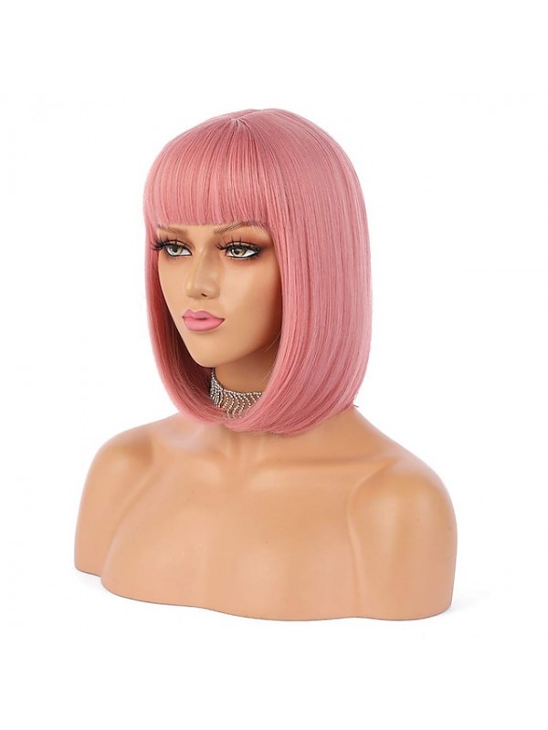 Pink Wigs for Women Synthetic Wig Straight Bob with Bangs Wig Pink Short T-Rose Silver Grey White Blue Purple Synthetic Hair 12 Inch Women's Pink #1555798