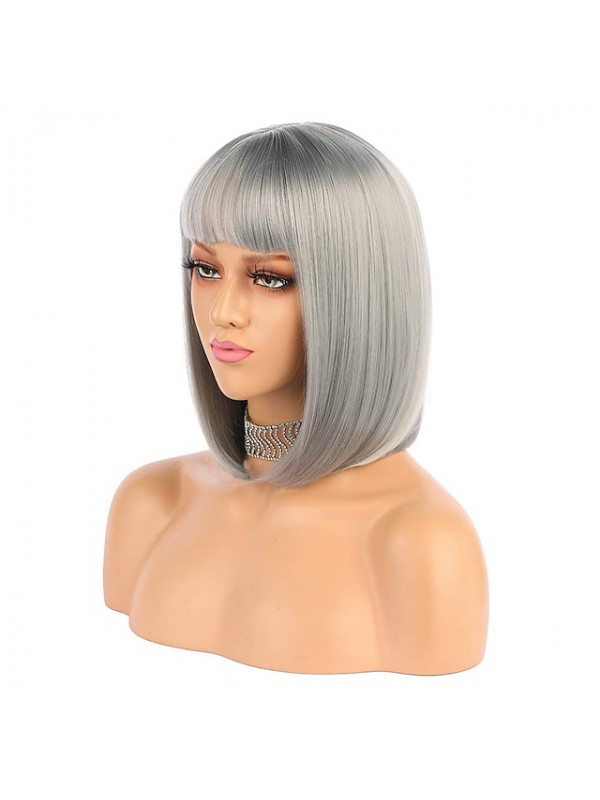 Pink Wigs for Women Synthetic Wig Straight Bob with Bangs Wig Pink Short T-Rose Silver Grey White Blue Purple Synthetic Hair 12 Inch Women's Pink #1555798