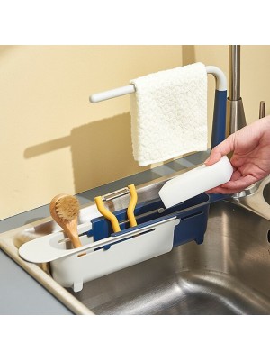 Telescopic Sink Storage Rack, Adjustable Length 2-in-1 Sink Organizer Tray Sponge Soap Holder with Dishcloth Hanger, Expandable Storage Drain Basket for Home #8995027