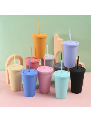 Creative Double-Layer Plastic Cup Flat Rubber Paint Water Cup 450ml Car Portable Sports Frosted Straw Cup #8959872