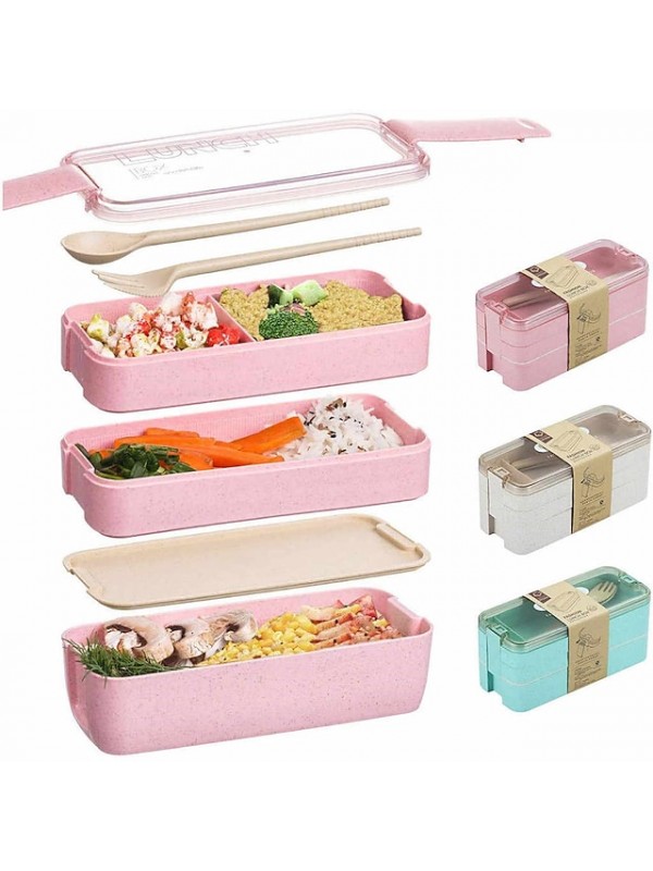 900ml Portable Lunch Box 3 Layer Wheat Straw Bento Boxes Microwave Dinnerware Food Storage Container Foodbox 1set #8156065