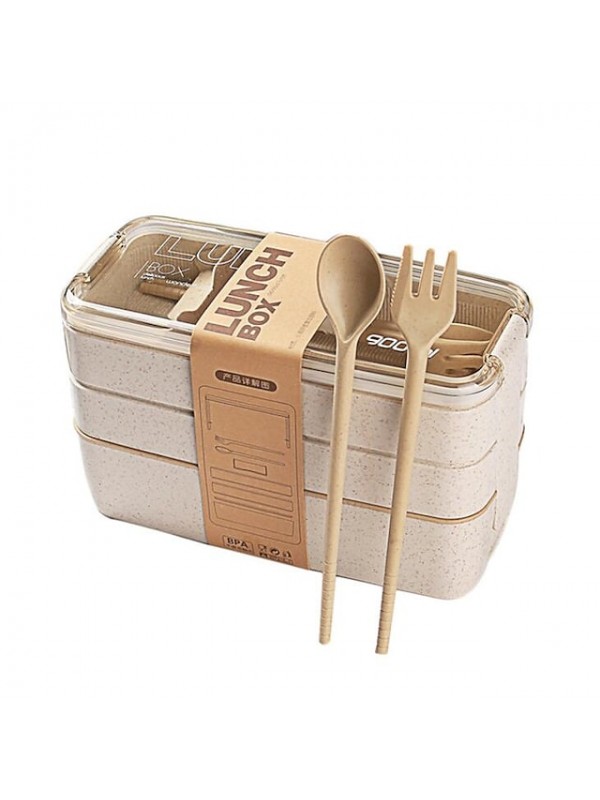 900ml Portable Lunch Box 3 Layer Wheat Straw Bento Boxes Microwave Dinnerware Food Storage Container Foodbox 1set #8156065