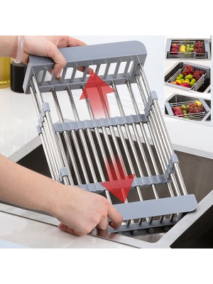 Fruit Vegetable Cutlery Drainer Stainless Steel Rack Drain Basket Telescopic Sink Rack Dish Rack Cleaning Organizer Kitchen #8690724