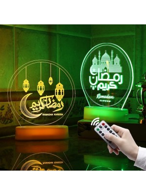 Ramadan Eid Lights Muslim Festival Mubarak Decorations 3D Battery Colorful Moon Lamp Kerosene Shape Lamp Palace Lighthouse Islam Party Supplies #9011633