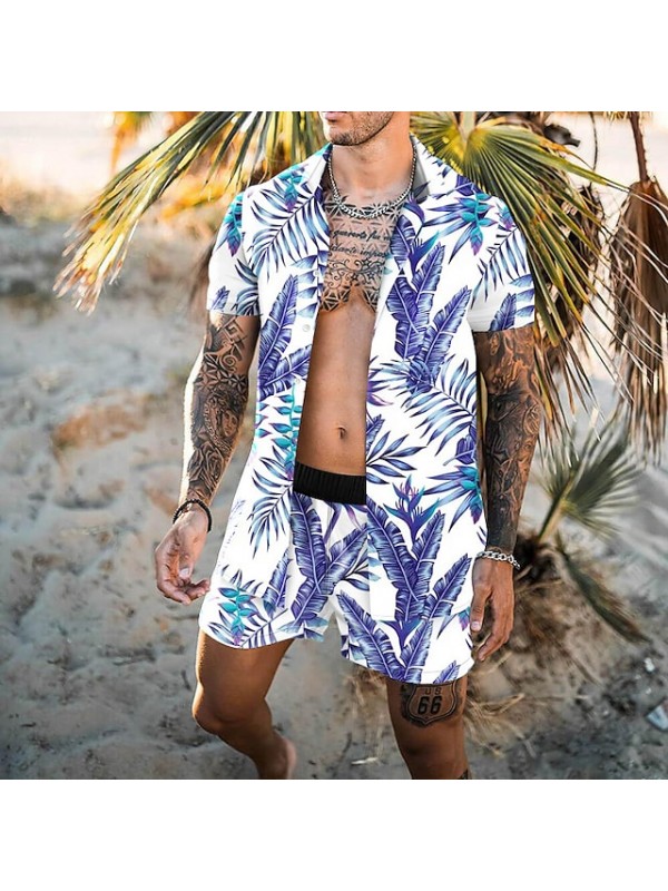 Men's Shirt Set 3D Print Palm Leaf Turndown Casual Holiday 3D Print Button-Down Short Sleeve Tops Casual Fashion Hawaiian Comfortable Blue #8967662