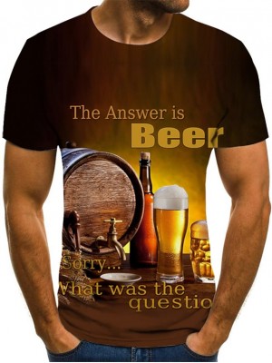 Men's Tee T shirt Shirt 3D Print Graphic Beer Plus Size Round Neck Daily Going out Pleated Print Short Sleeve Tops Basic Designer Streetwear 3D Yellow / Summer / Exaggerated #7769037