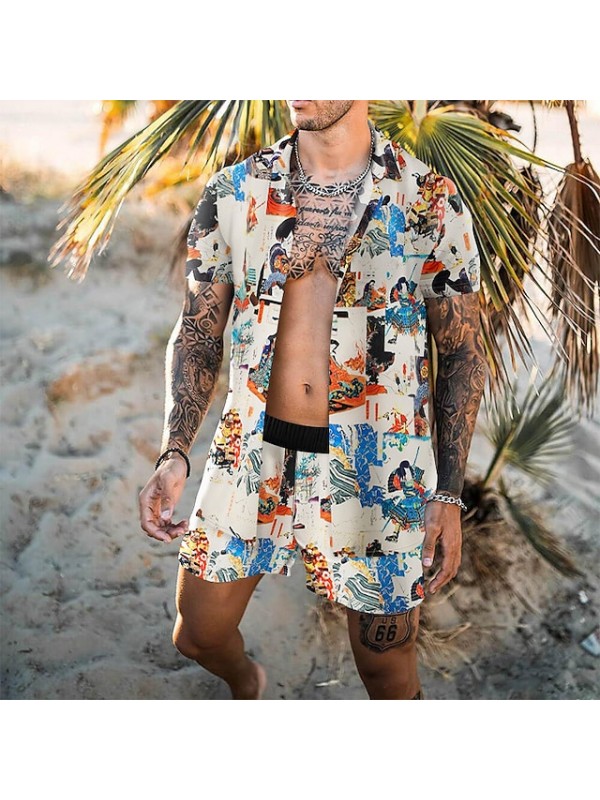 Men's Shirt Set 3D Print Graphic Prints Graffiti Turndown Casual Holiday 3D Print Button-Down Short Sleeve Tops Casual Fashion Hawaiian Comfortable Khaki #8967620