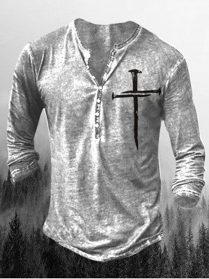 Men's Henley Shirt T shirt Graphic Cross Plus Size Henley Street Casual Button-Down Print Long Sleeve Tops Basic Casual Classic Big and Tall Black / Gray Gray #8970709