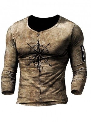 Men's T shirt Graphic Compass Crew Neck Casual Daily Long Sleeve Tops Lightweight Fashion Big and Tall Khaki #8970678